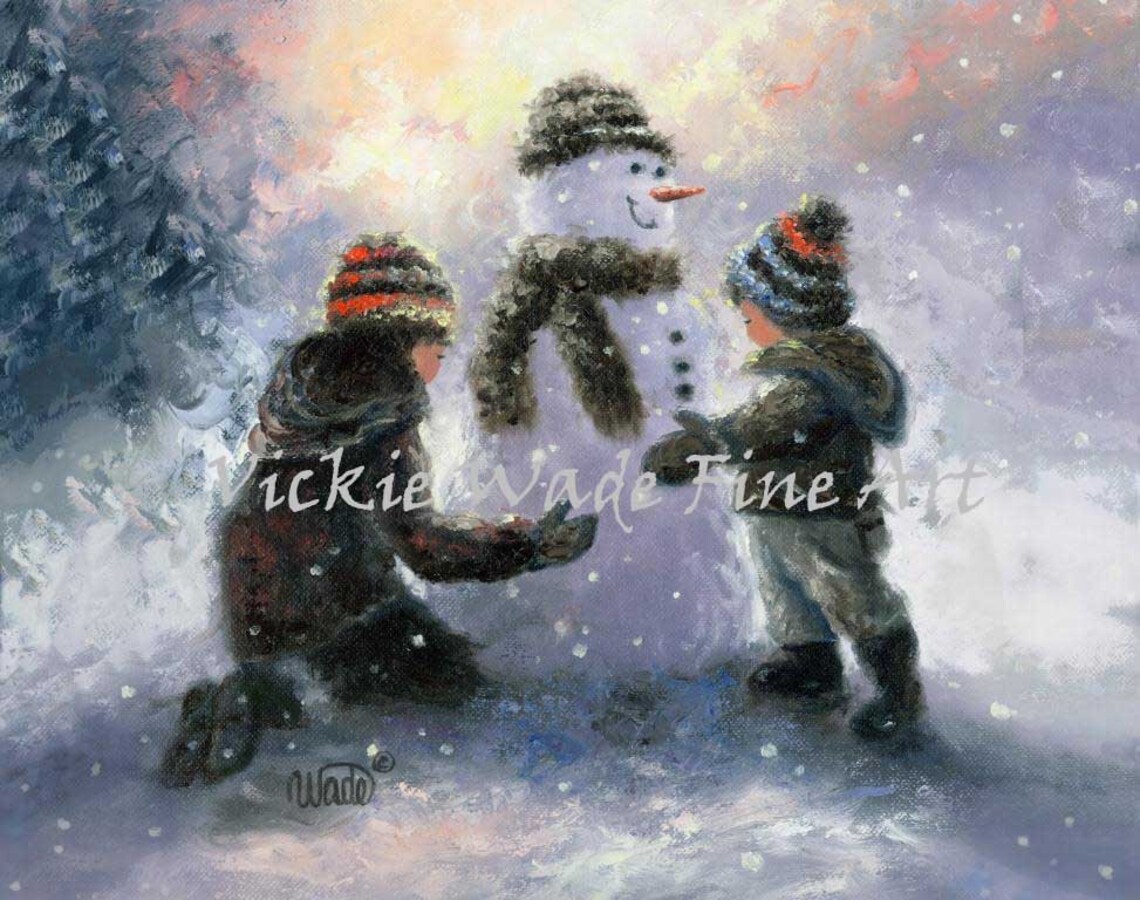 Two Children with Their Snowman on a Snowy Winter Evening Poster