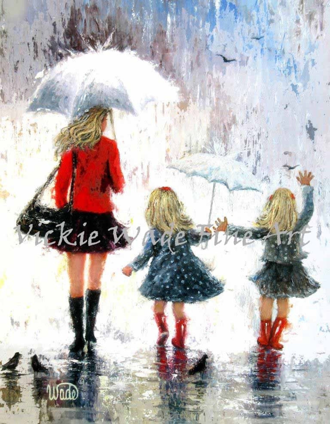 Mom And Twin Girls Art Print Blonde Mom Blond Twin Daughters Blond Twin Sisters Walk In The Rain Brunettes Vickie Wade Art