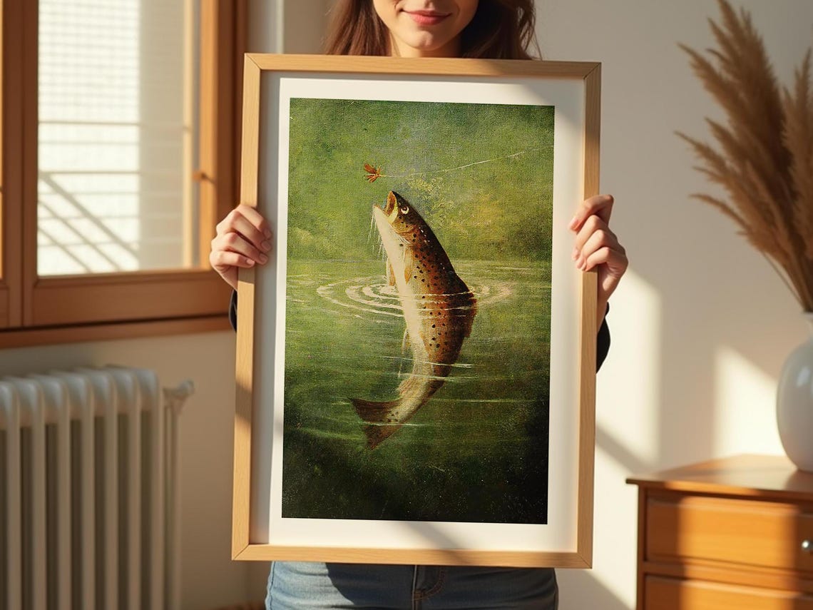 Leaping Brown Trout Rising to Fly Vintage Fishing Art Wall Poster - Image 3