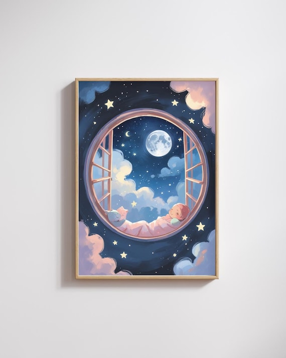 Sleeping Baby Porthole Window Night Sky Moon Stars Nursery Poster