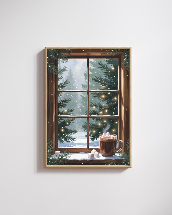 Hot Cocoa Marshmallows Snowy Window Winter Holiday Illustration Poster