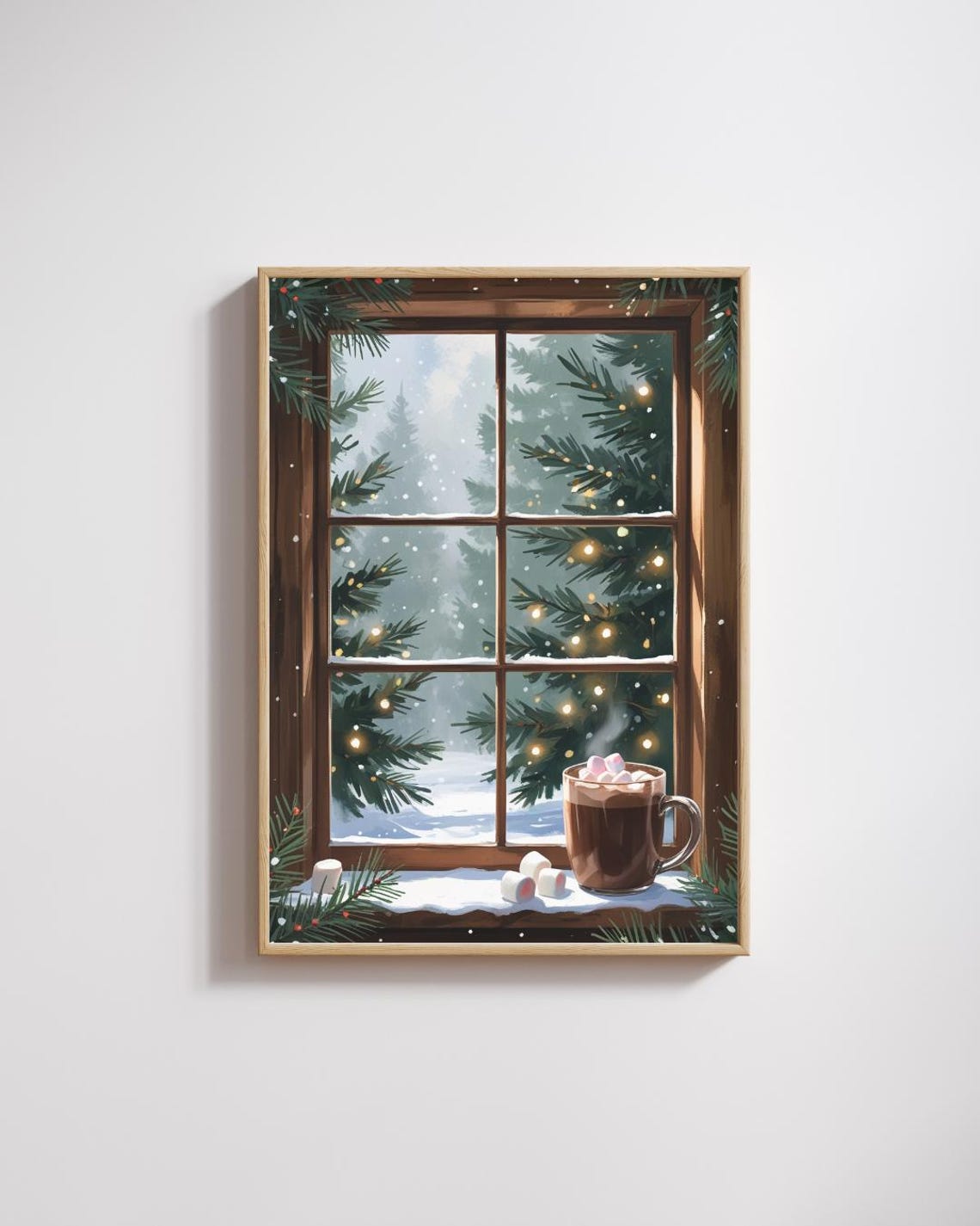 Hot Cocoa Marshmallows Snowy Window Winter Holiday Illustration Poster