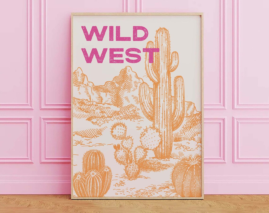 Wild West Pink Cactus Desert Western Cowboy Wall Decor Poster