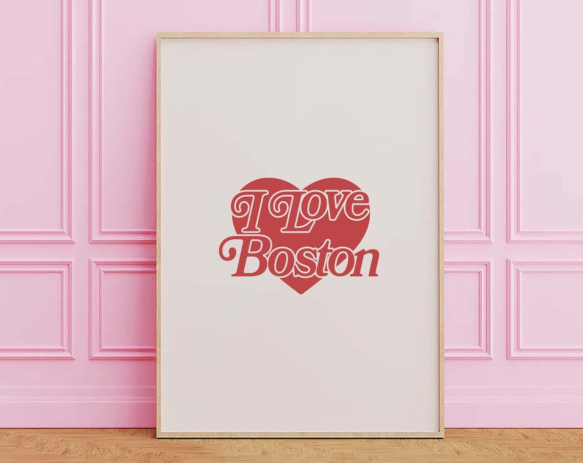 I Love Boston Retro Red Heart City Travel Typography Art Poster