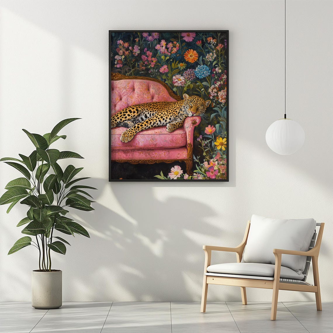 Sleeping Leopard on a Pink Chaise among Wildflowers Art Poster - Image 3