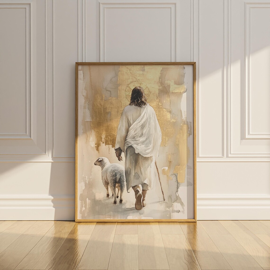 Jesus Christ Shepherd with Staff and Lamb Gold Christian Faith Poster - Image 3