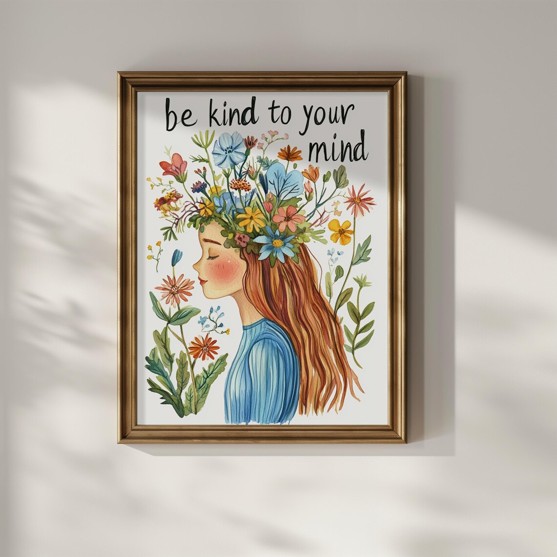 Be Kind to Your Mind Watercolor Girl Wildflower Mental Health Poster - Image 3