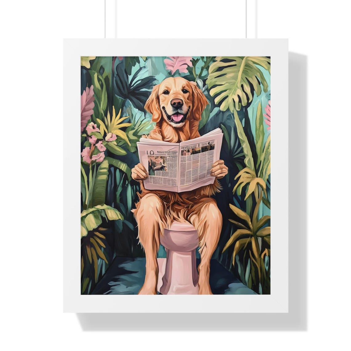 Golden Retriever Smiling on Pink Toilet Reading Newspaper Poster - Image 2