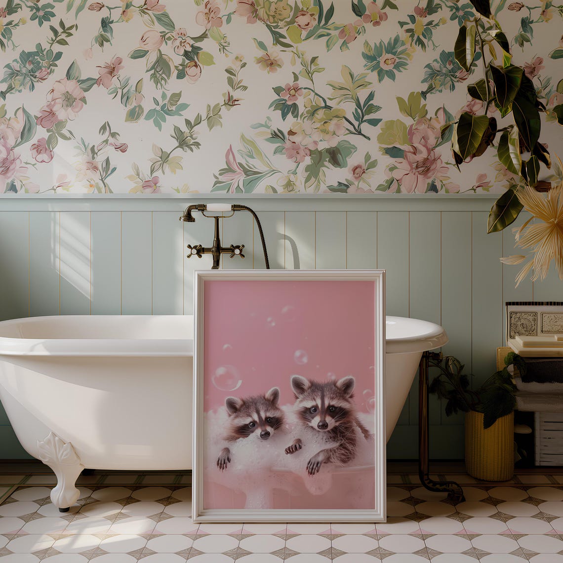 Two Raccoons Bubble Bath Pink Cute Funny Baby Animals Poster - Image 3