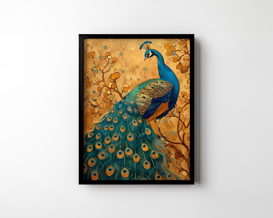 Majestic Peacock with Golden Floral Background Elegant Bird Art Poster - Image 2