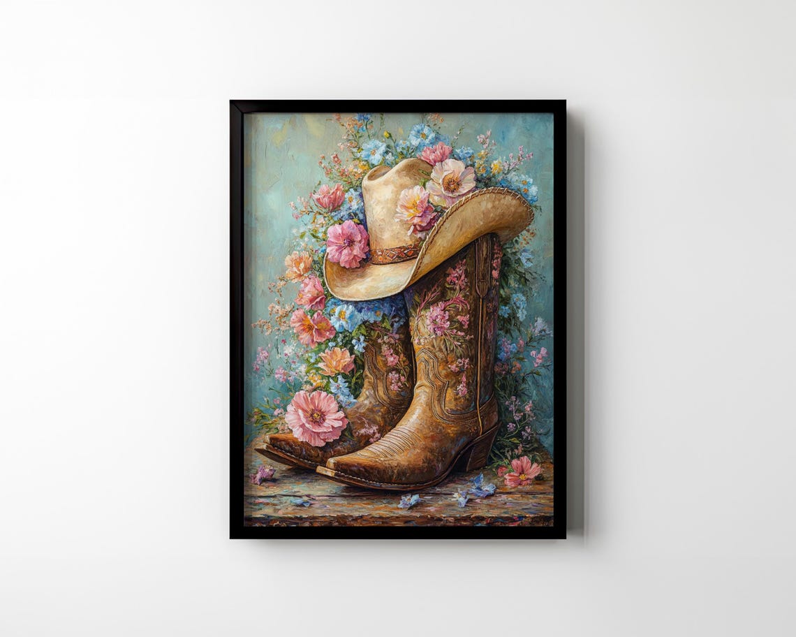 Cowboy Boots Poster Print Floral Cowboy Hat Oil Painting Modern Trendy Wall Art Vintage Flower Wall Decor Cowgirl Gift Idea Matte Poster - Image 2