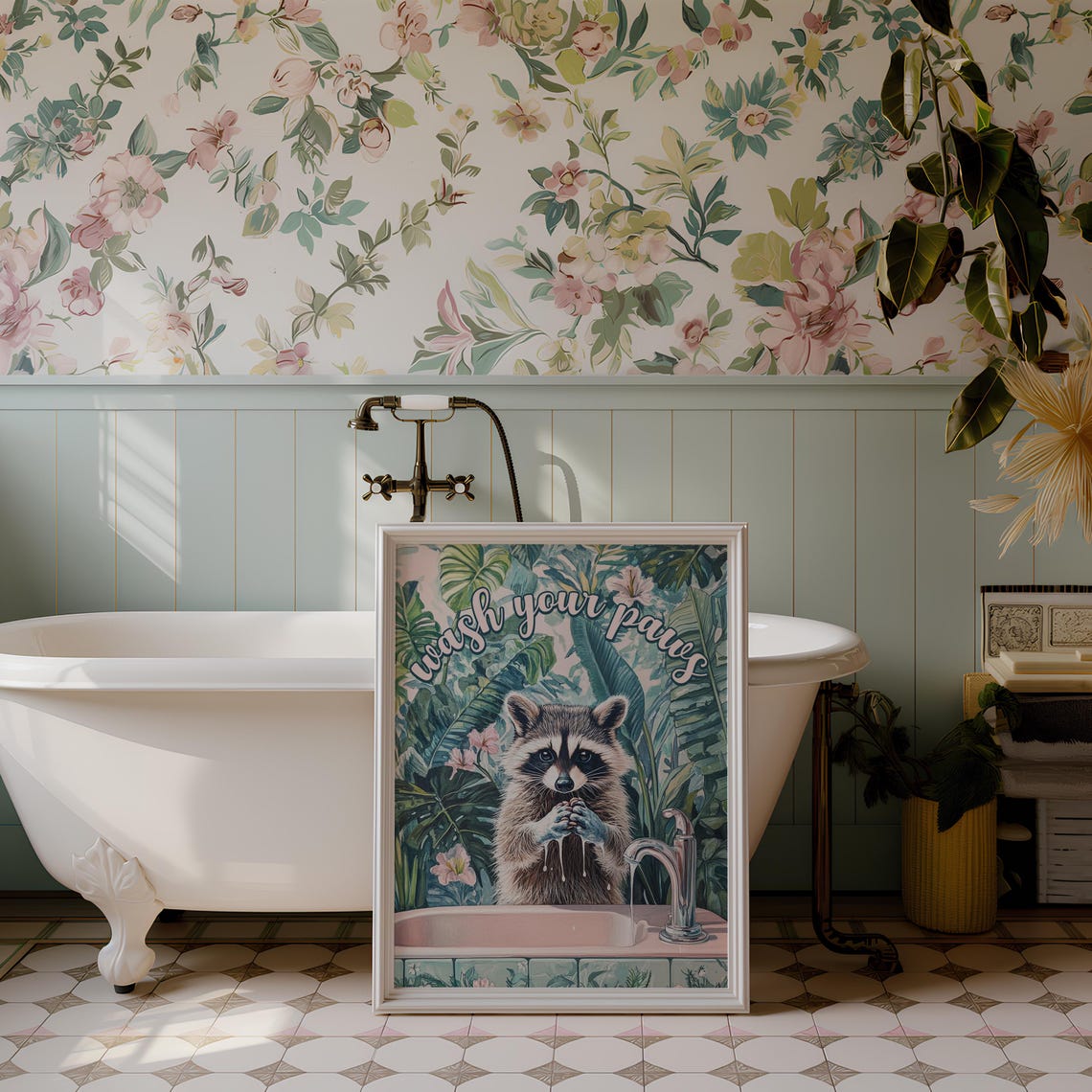 Wash Your Paws Script Raccoon Washing Up Pink Bathroom Poster - Image 2