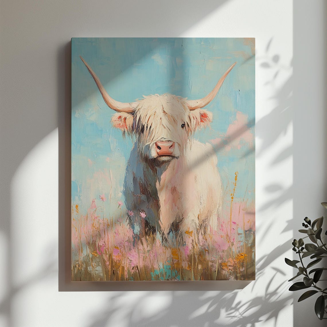 White Highland Cow in Pink Wildflower Meadow Pastel Art Poster - Image 3