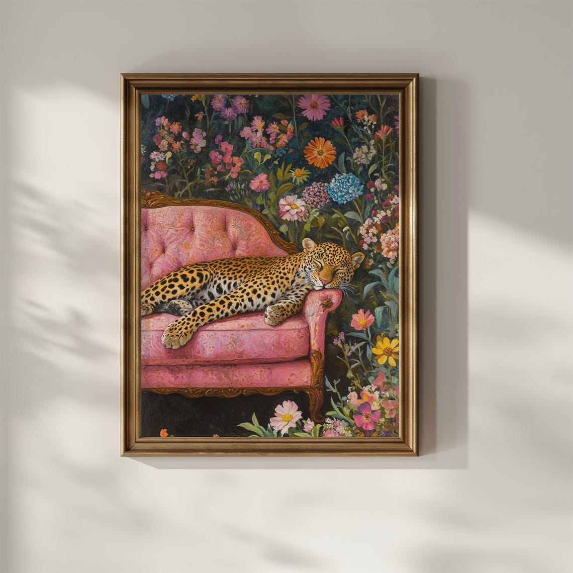 Sleeping Leopard on a Pink Chaise among Wildflowers Art Poster - Image 2