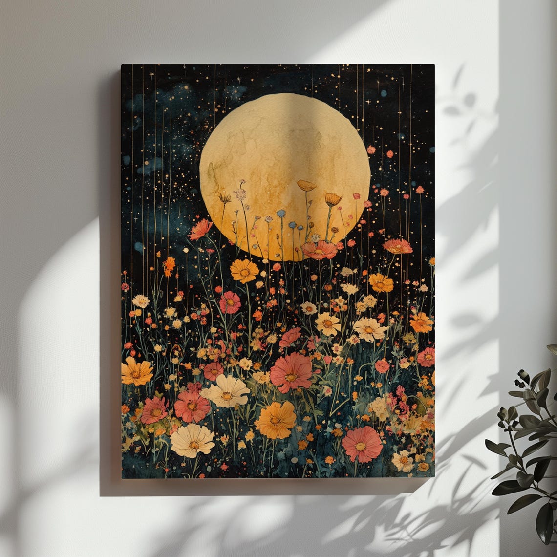 Giant Golden Moon Over Night Wildflower Meadow Stars Art Poster - Image 3