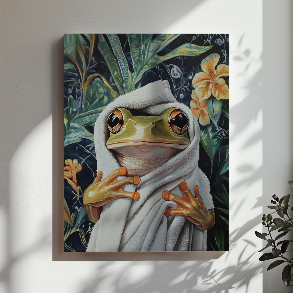 Cute Frog Wrapped in a White Towel in a Dark Tropical Jungle Poster
