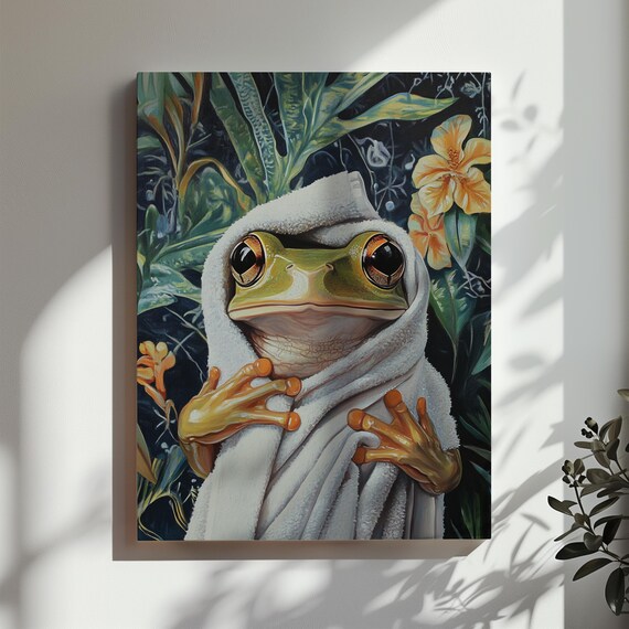 Frog Bathroom Print Funny Frog Towel Wall Art Tropical Plants Dark Green Jungle Bathroom Toilet Restroom Wall Art Matte