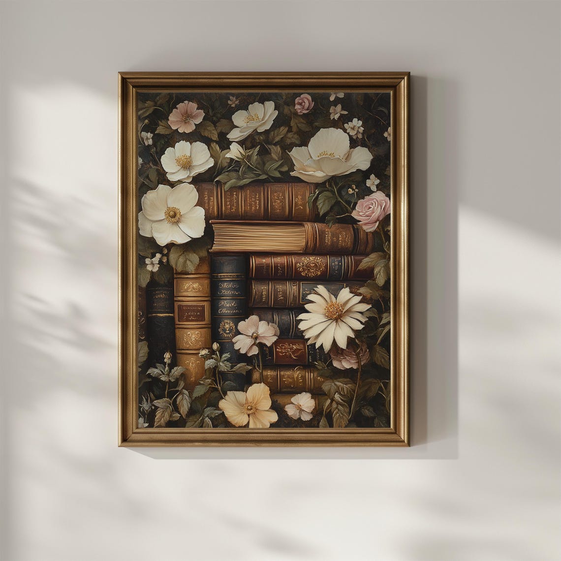 Dark Academia Old Books White Wild Roses Vintage Floral Poster - Image 3