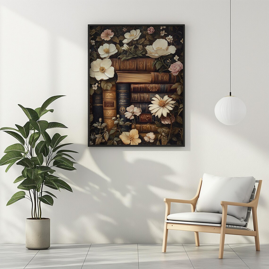 Stack of Vintage Books with White Roses Dark Floral Oil Poster - Image 2