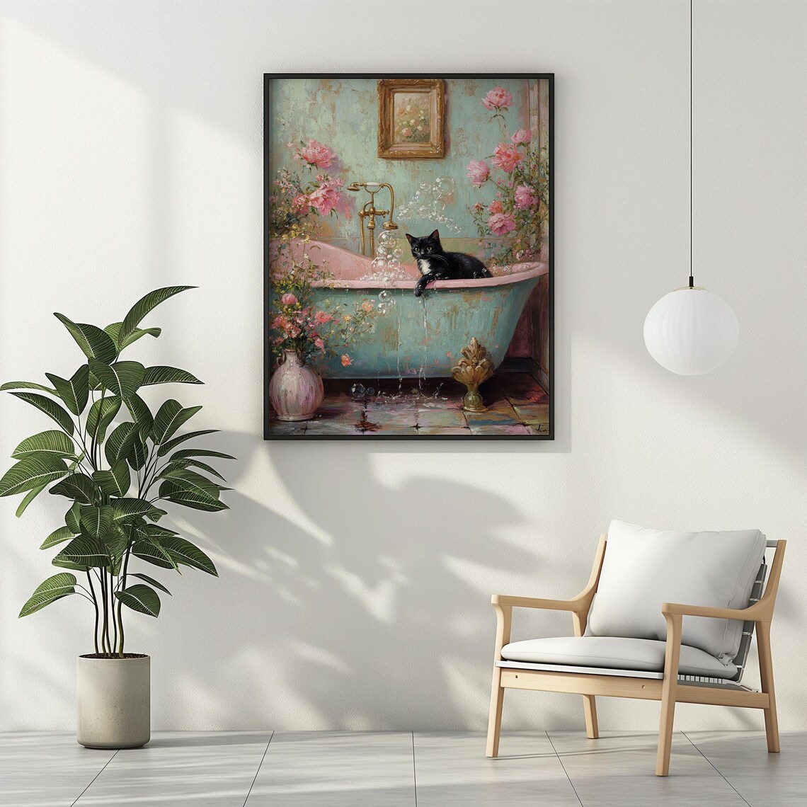 Cat Bathroom Wall Art, Vintage Black Cat in Bathtub - Image 4