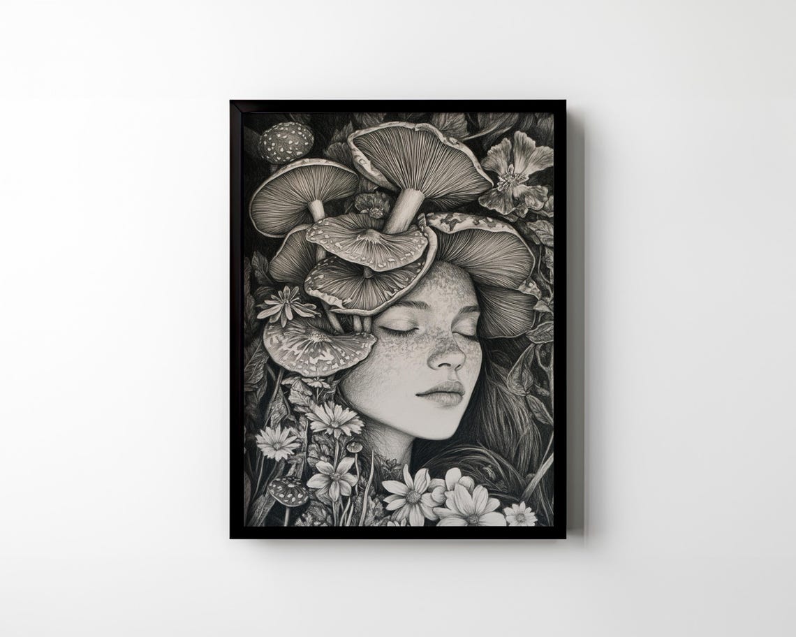 Mushroom Girl Black and White Monochrome Botanical Portrait Art Poster - Image 3