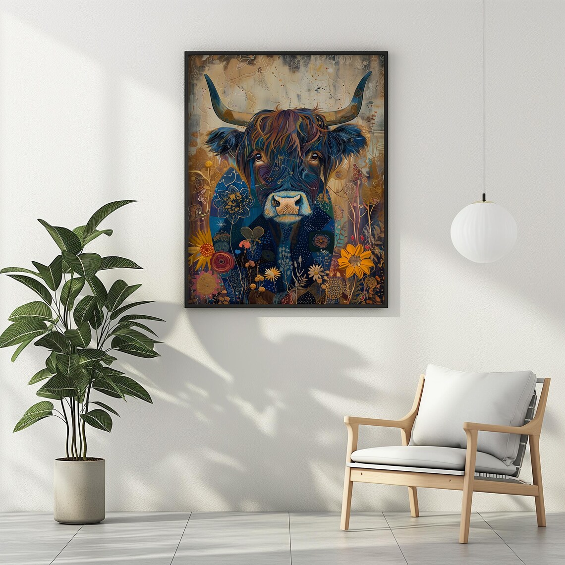 Midnight Teal Highland Cow with Golden Sunflowers Portrait Poster - Image 3