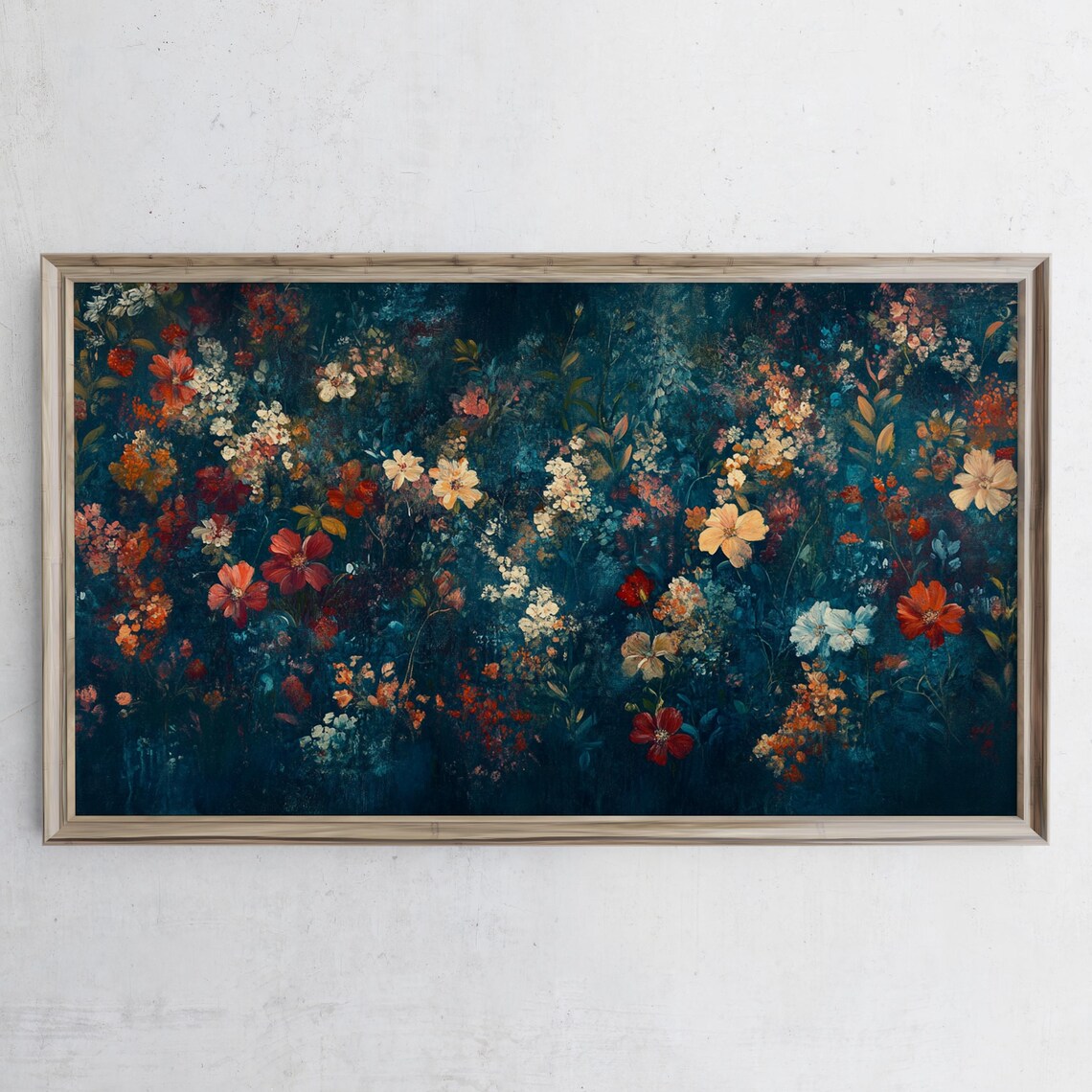 Fall Wildflowers Dark Teal Moody Autumn Floral Oil Painting Earthy Poster