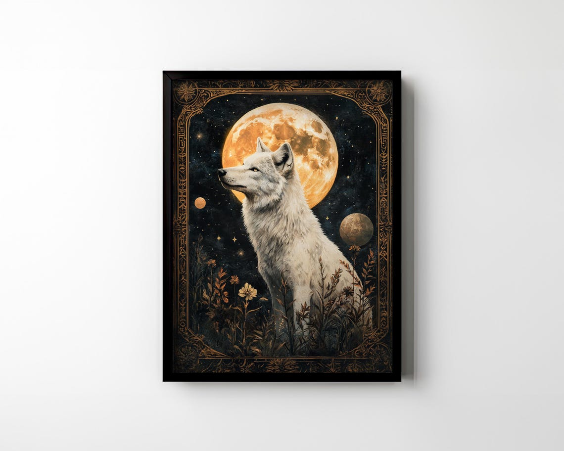 White Wolf Under Amber Moon Celestial Vintage Night Floral Poster - Image 2