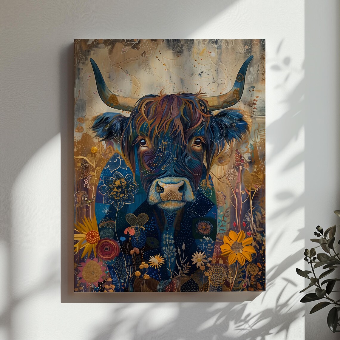Highland Cow Portrait in Teal Blue With Gold Floral Details Poster - Image 3