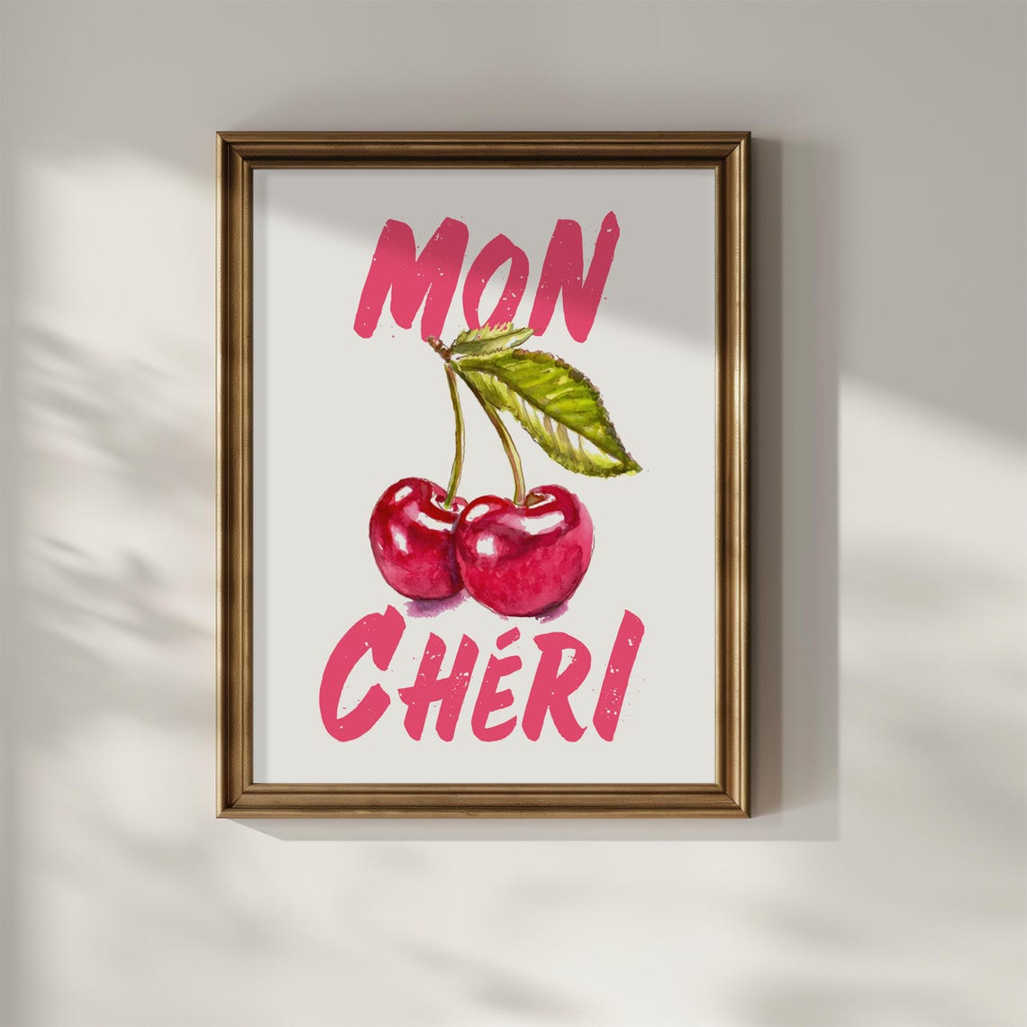 Mon Cheri Pink Typography with Watercolor Cherries French Art Poster - Image 2