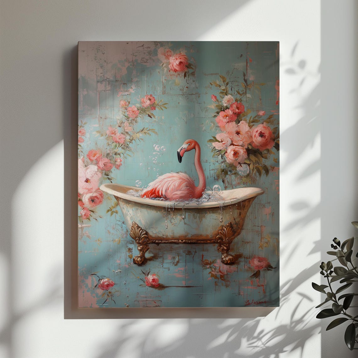 Pink Flamingo In Vintage Bubble Bath Floral Romantic Bathroom Poster - Image 2