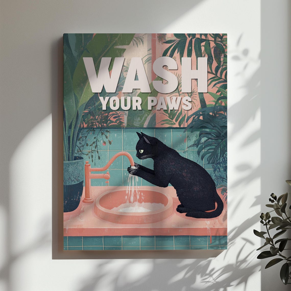Wash Your Paws Funny Black Cat Bathroom Sign Tropical Wall Poster - Image 2