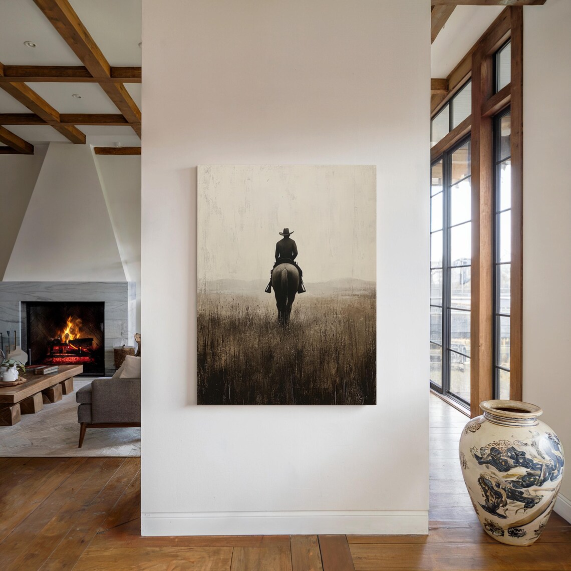 Moody Cowboy Horse Riding, Vintage Oil Painting - Image 3