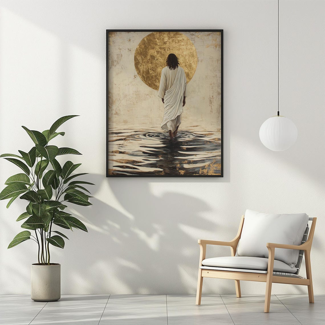 Jesus Christ Walking on Water Toward Golden Sun Serene Faith Poster - Image 2
