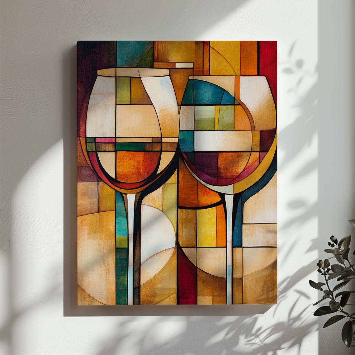 Cubist Wine Glasses in Warm Amber Stained Glass Mosaic Art Poster - Image 3