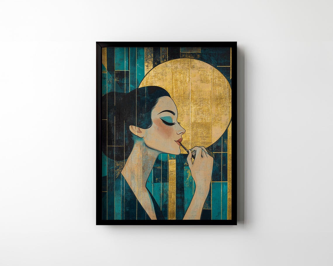 Art Deco Woman Applying Lipstick Under Golden Moon Portrait Poster - Image 2