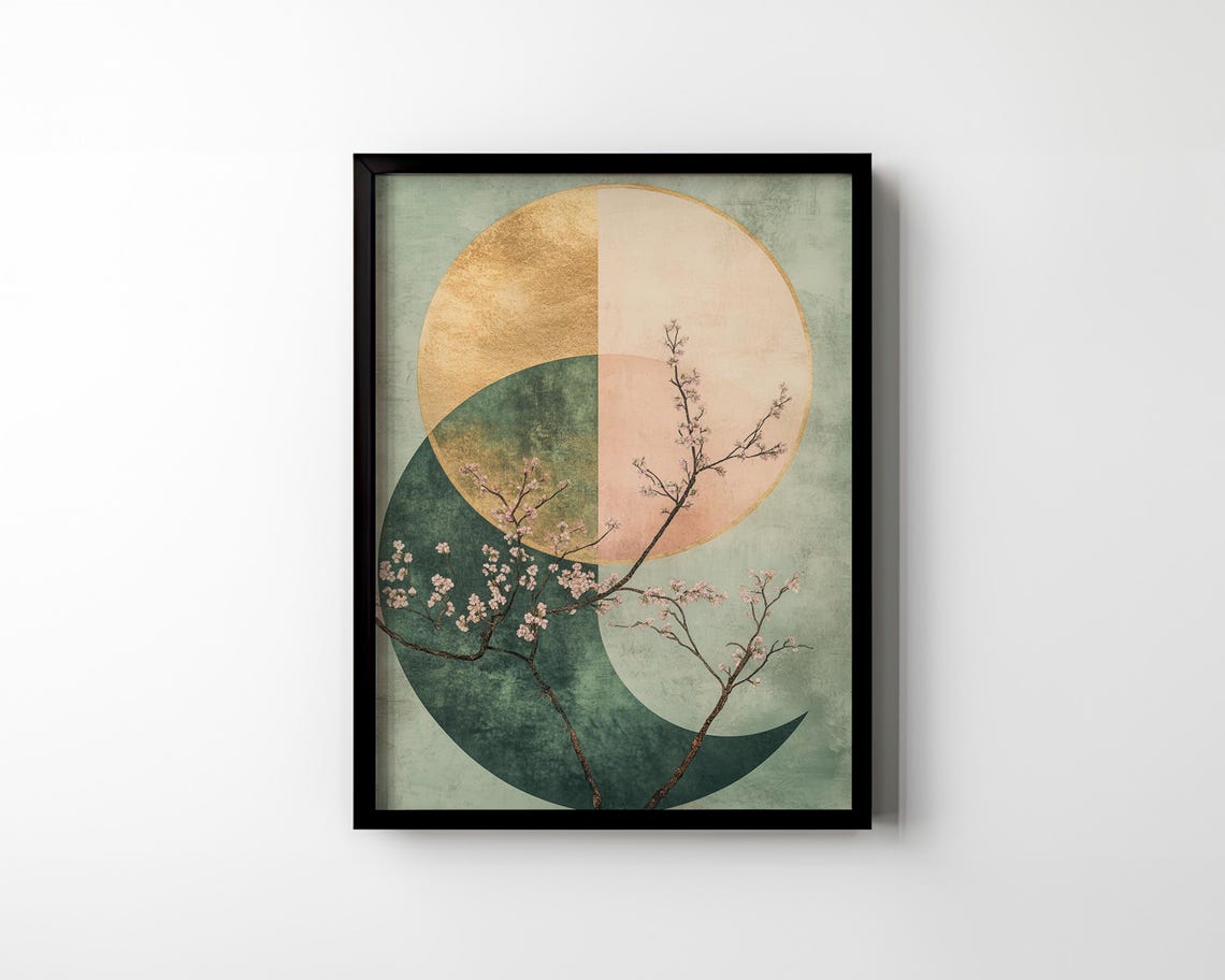 Cherry Blossom Branch and Crescent Moon Japandi Minimalist Poster - Image 2