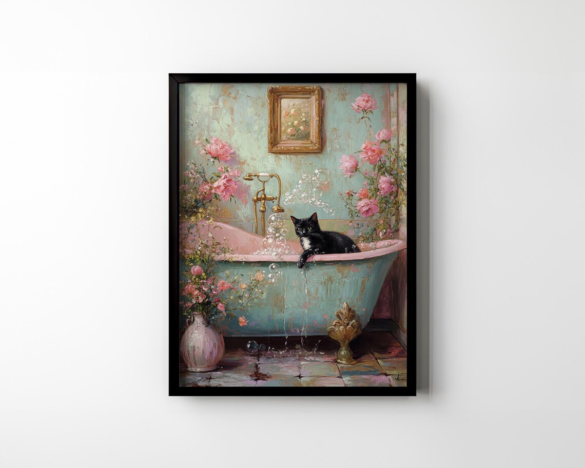Cat Bathroom Wall Art, Vintage Black Cat in Bathtub - Image 2