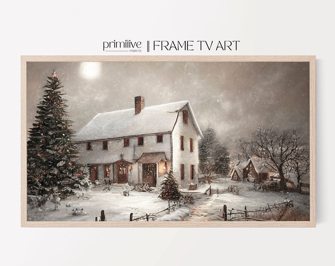 Farmhouse Christmas Art Print, Vintage Holiday Scene