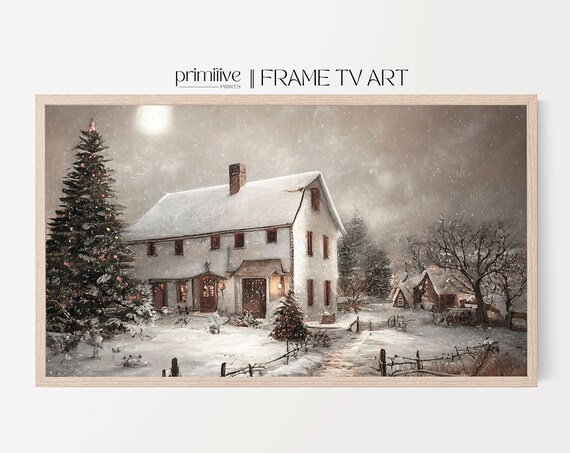 Farmhouse Christmas Art Print, Vintage Holiday Scene
