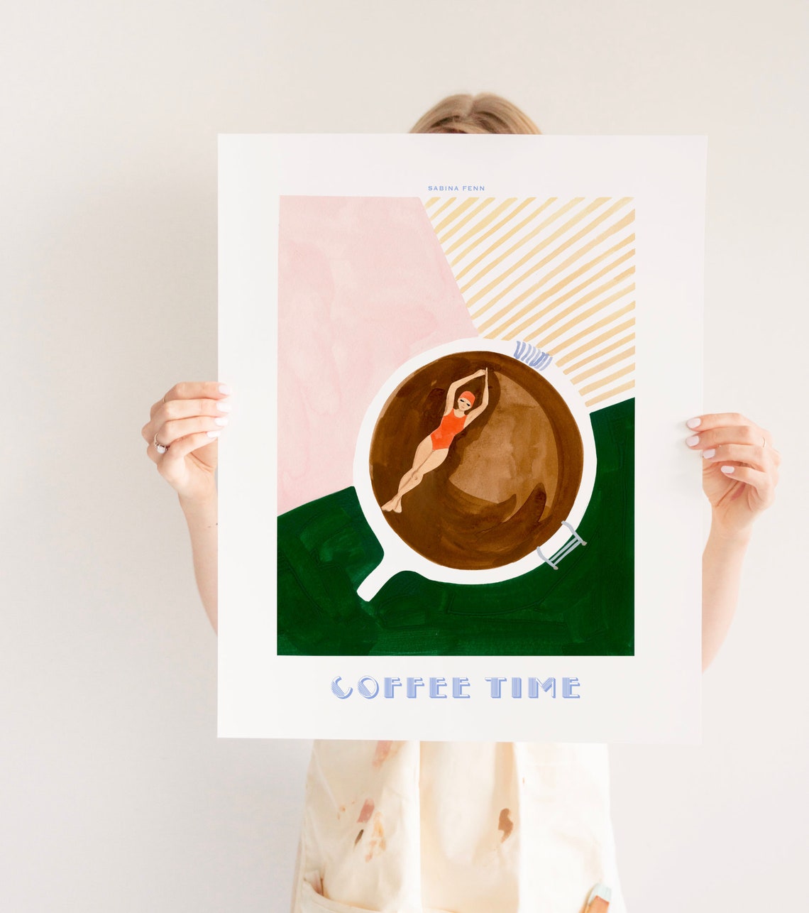 Retro Swimmer Floating In Giant Coffee Cup Pink Green Kitchen Wall Art - Image 3