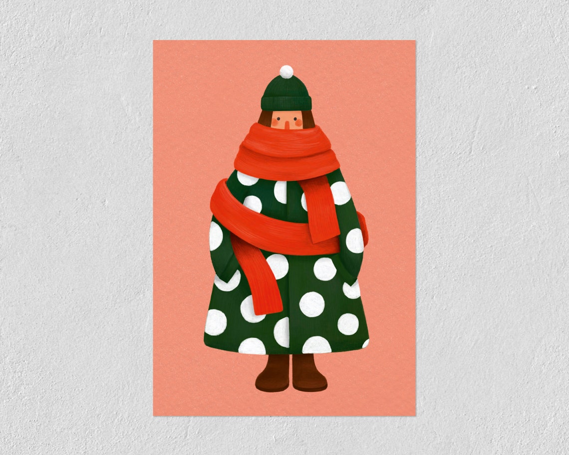 Art Print Christmas Girl 21x30 Girl In Colorful Fluffy Coat Illustrated Drawing On Tintoretto Gesso Paper Food Illustration - Image 2