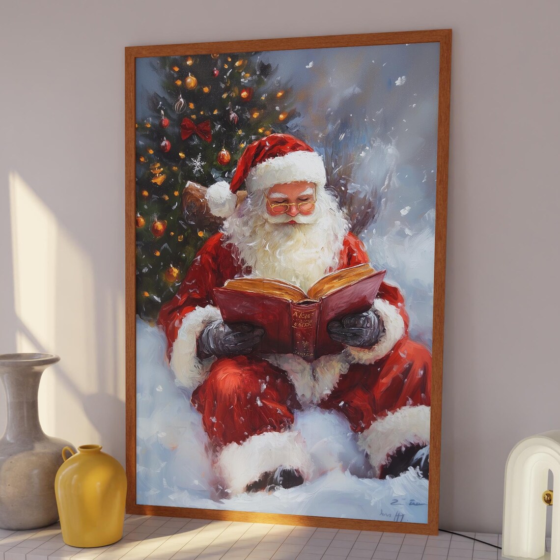 Santa Claus Reading Book In The Snow By Christmas Tree Poster - Image 3