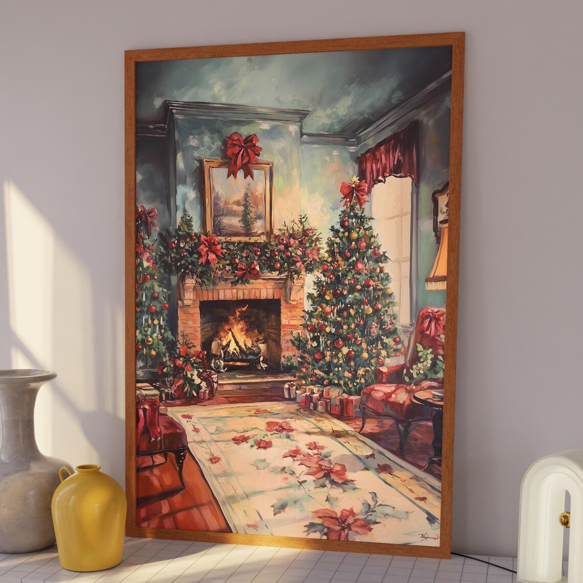 Cozy Vintage Christmas Living Room with Fireplace and Tree Painting Poster