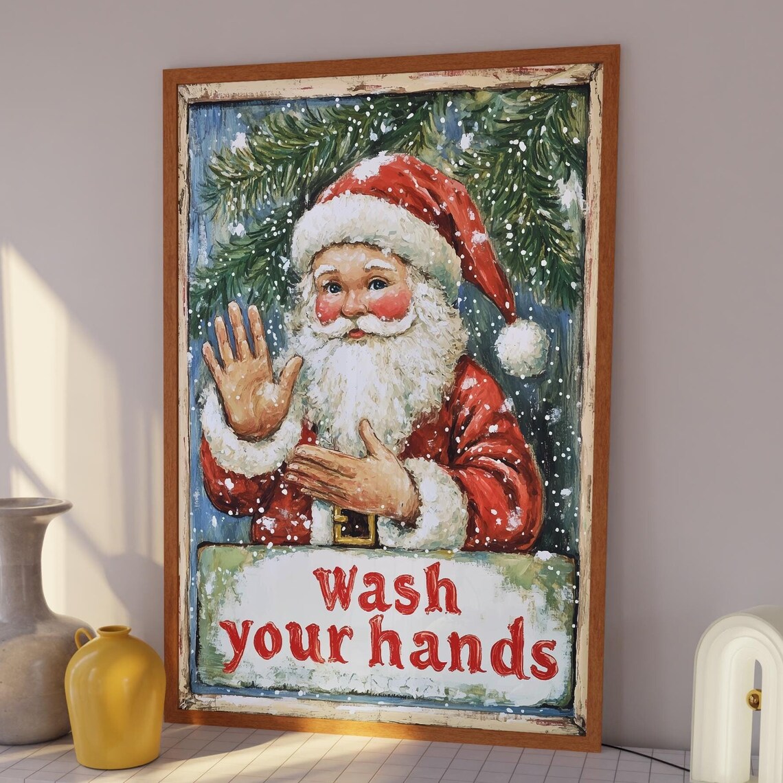 Retro Santa Claus Wash Your Hands Funny Christmas Art Poster - Image 3