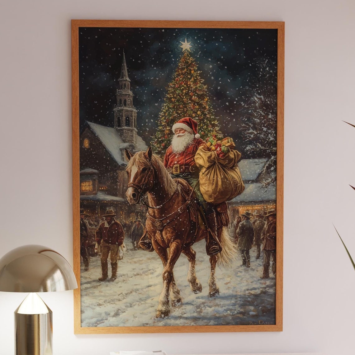 Retro Western Santa Claus Riding A Horse Starry Night Winter Holiday Print Cowboy Santa Vintage Oil Painting Western Christmas Wall Art