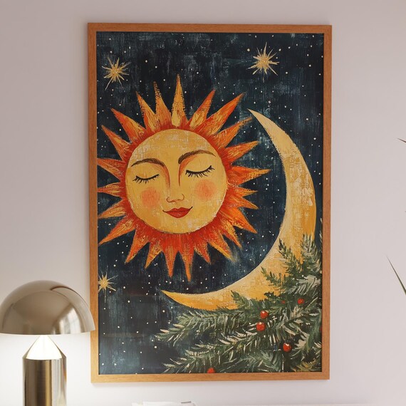 Celestial Sun And Moon Night Sky Pine Branch Folk Art Poster