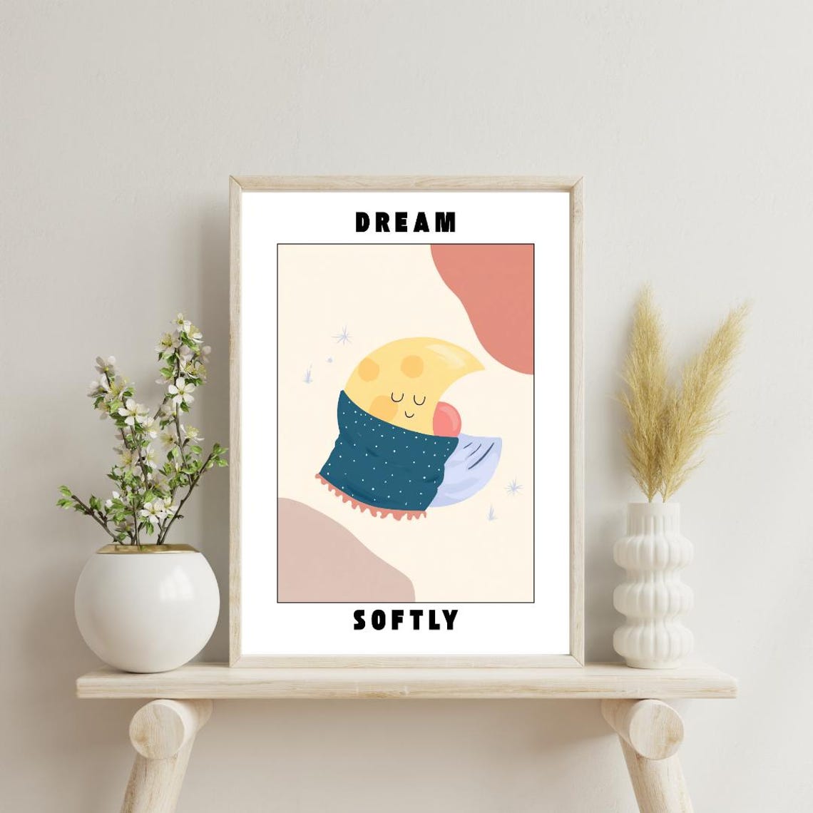 Dream Softly Sleepy Moon Under Blanket Cute Nursery Quote Poster