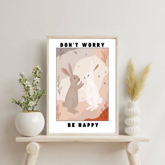Dont Worry Be Happy Poster Cute Bunny Couple Wall Art Funny Love Quote Romantic Decor