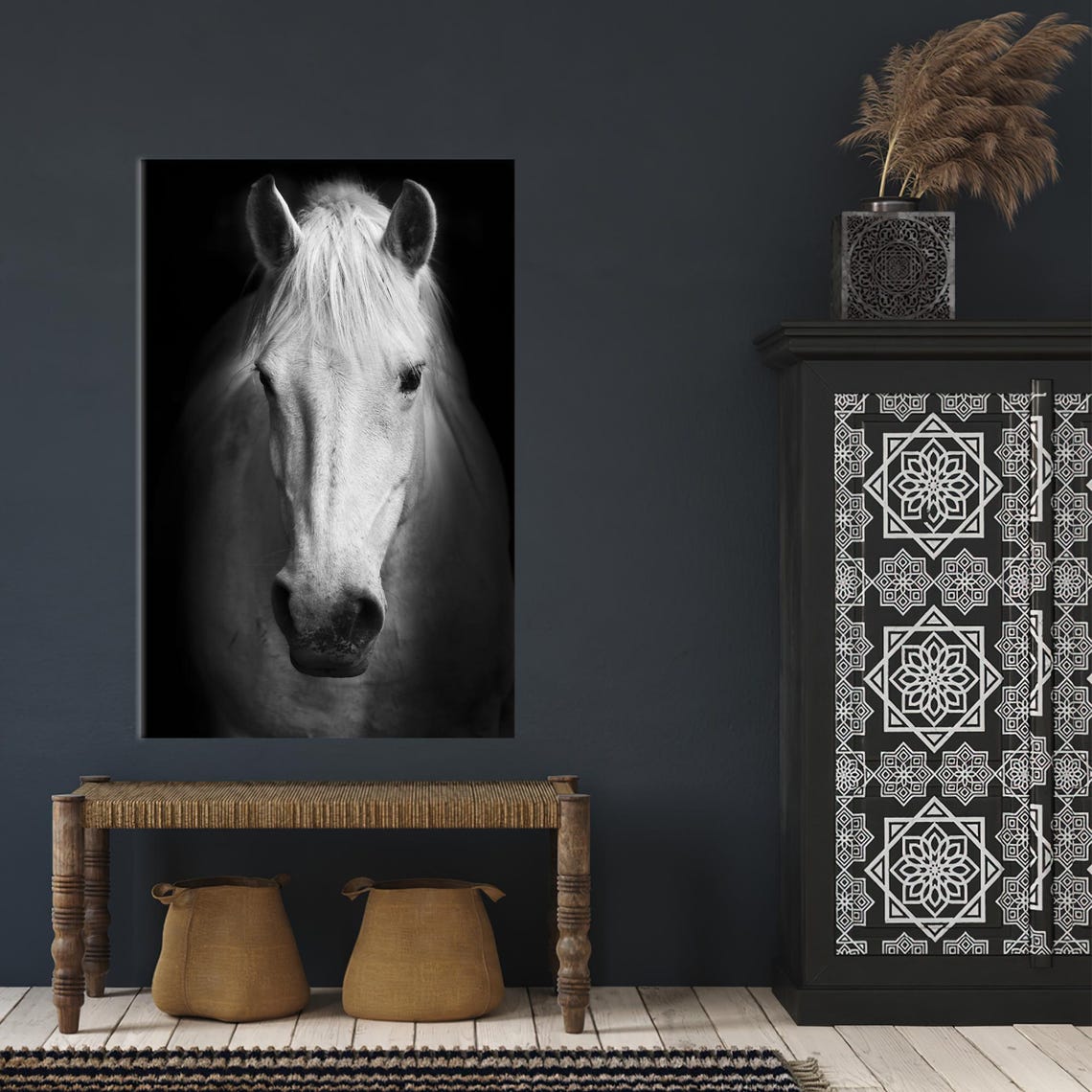 White Horse Portrait Black and White Equestrian Photography Poster